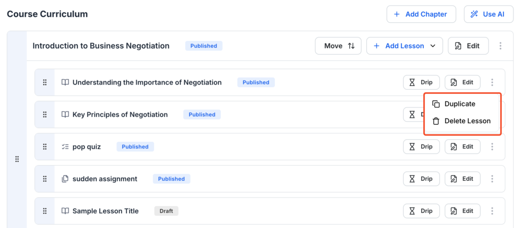 This image contains the screenshot of Klasio course curriculum editing screen with 'Duplicate' or 'Delete Lesson' in highlight.