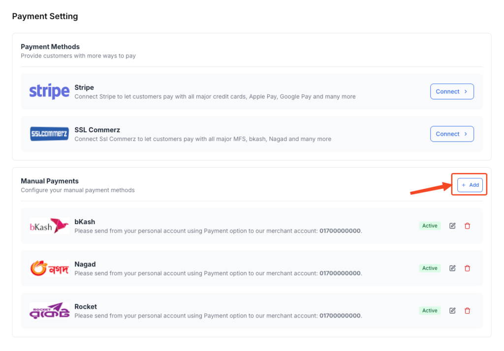This image is a screenshot of Klasio settinngs menu with the Add button in Payments tab in highlight.