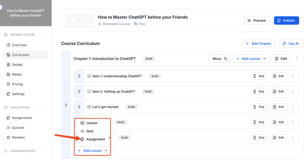 This image is a screenshot of Klasio course currculum editing window with the button to create a new assignment in highlight