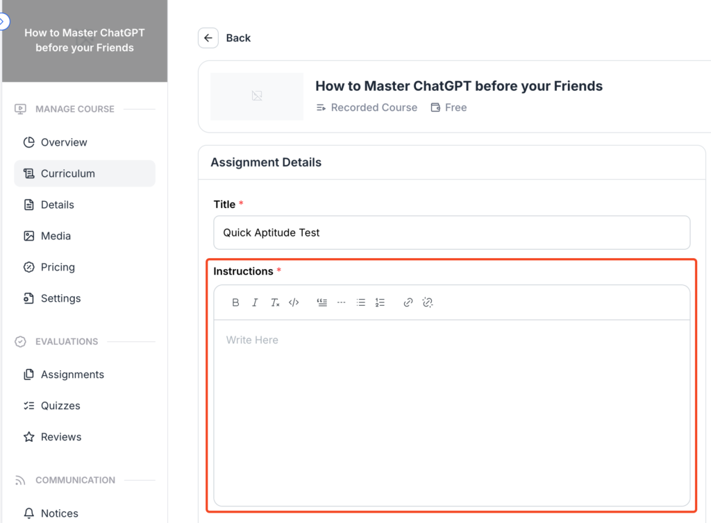 This image is a screenshot of Klasio New Assignment Creation window with the option to insert Assignment instructions in highlight