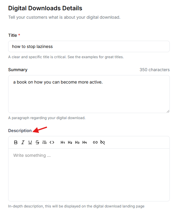 This image is a screenshot of Klasio digital downloads configuration window with the option to insert description for digital downloads in highlight