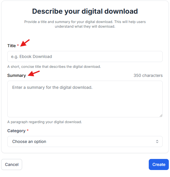 This image is a screenshot of Klasio digital downloads configuration window with the option to input file title and file summary in highlight