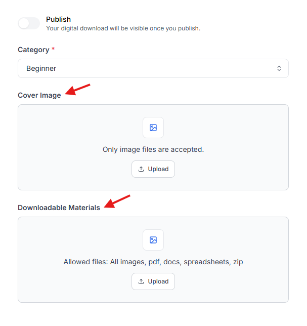 This image is a screenshot of Klasio digital downloads configuration window with the option to add cover image and downloadable materials for digital downloads in highlight