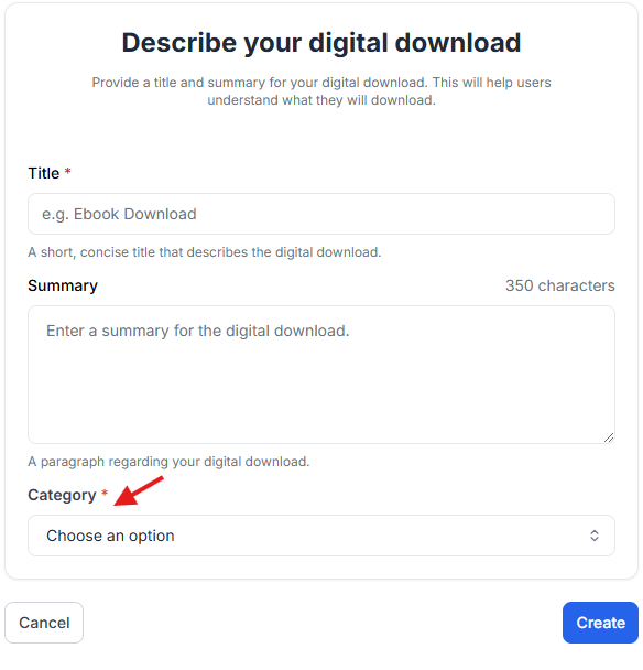 This image is a screenshot of Klasio digital downloads configuration window with the option to select digital downloads category in highlight