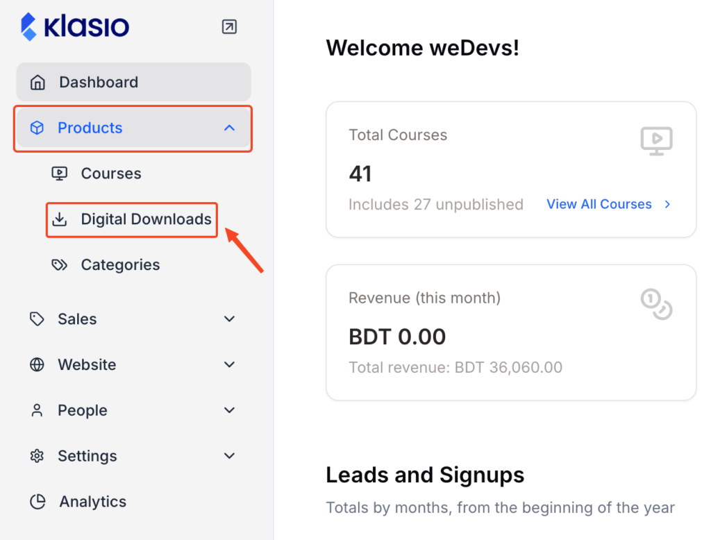 This image is a screenshot of Klasio navigation menu with 'Digital Downloads' under Products in highlight.