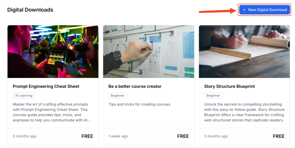 This image is a screenshot of Klasio digital downloads gallery with the button 'New Digital Download' in highlight