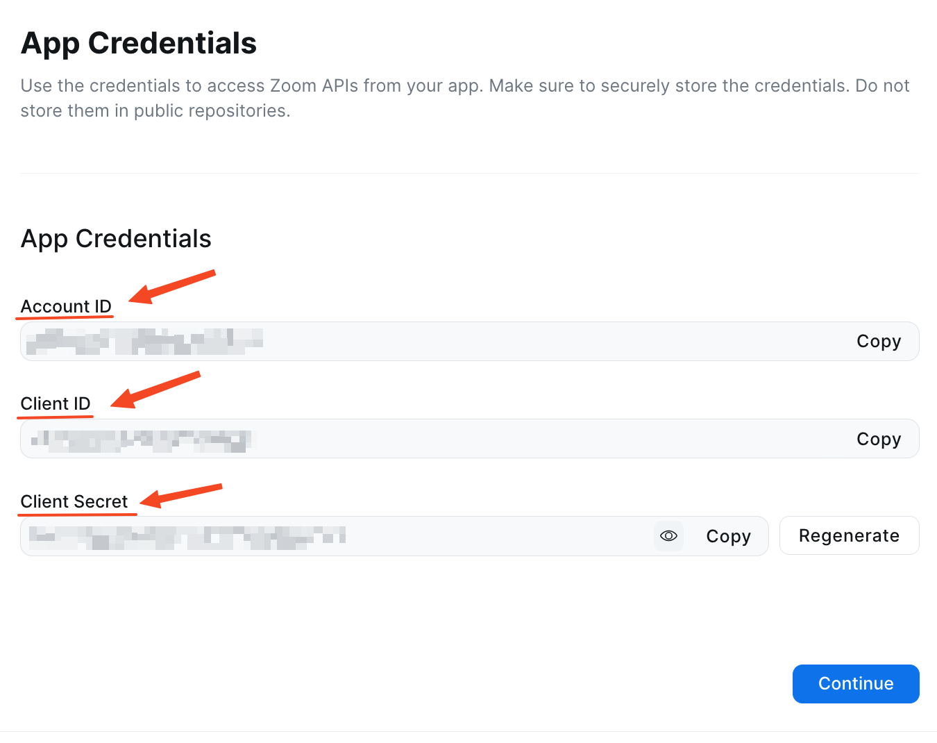 This image is a screenshot of Zoom Developer panel with the new app credentials in hihglight.