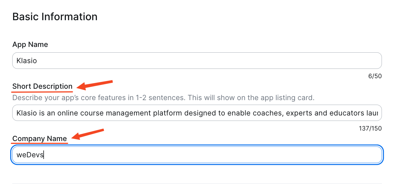 This image is a screenshot of Zoom Developer panel with the option to insert Short Description and Company name in highlight.