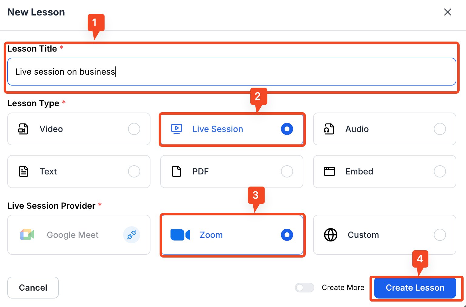 This image is a screenshot of Klasio Live Session Editing Window with the Lesson Title, Live Session option and Zoom Option in highlight.