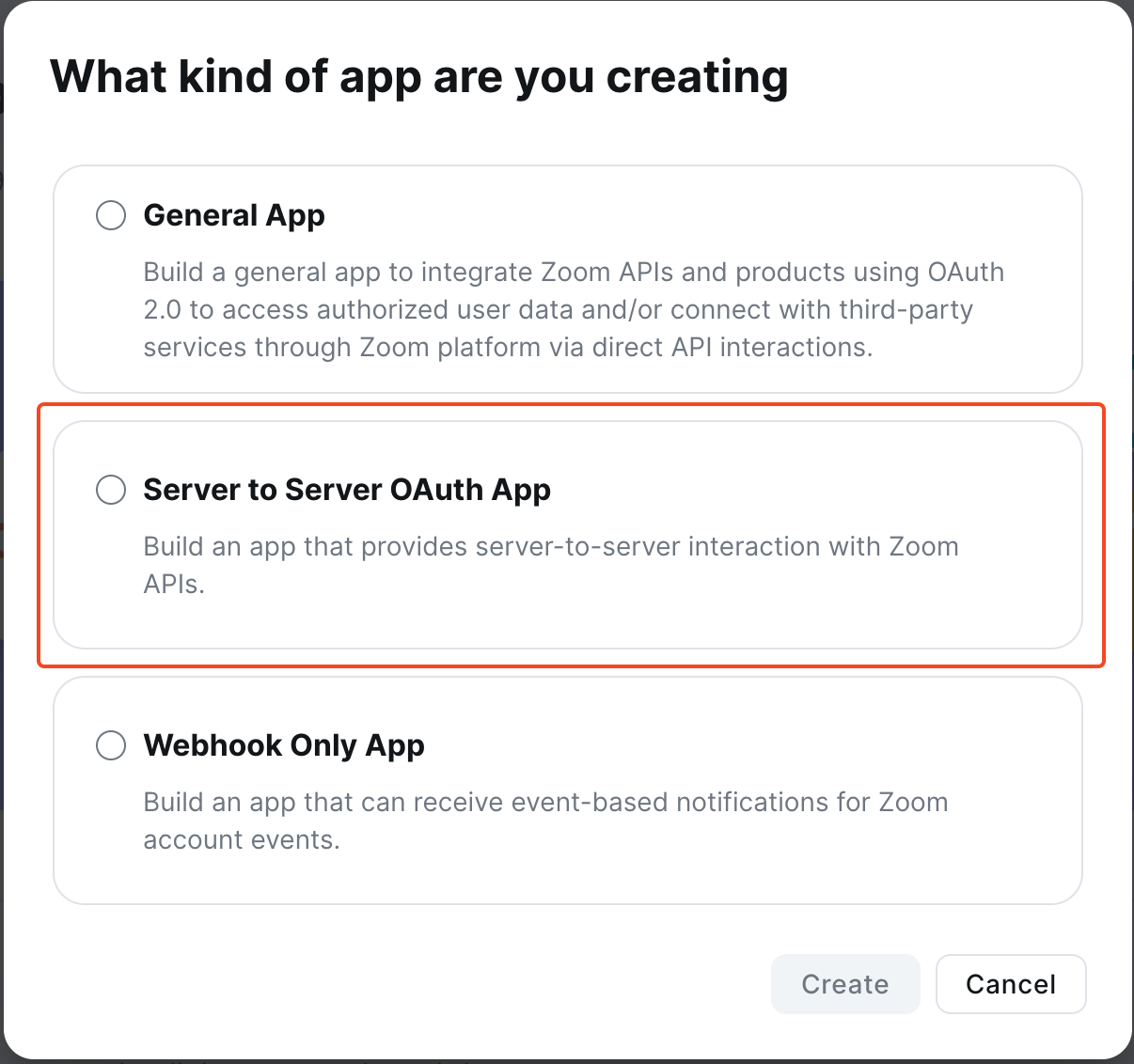 This image is a screenshot of Zoom Developer panel with the Server to Server OAuth App option in highlight.