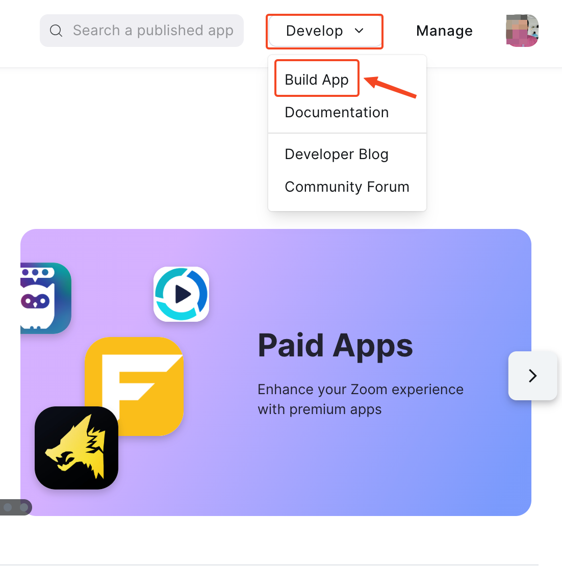 This image is a screenshot of Zoom App marketplace with the Build App button under develop in highlight.