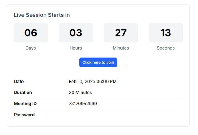 This image is a screenshot of Klasio Student Portal with the countdown for the live session in display.