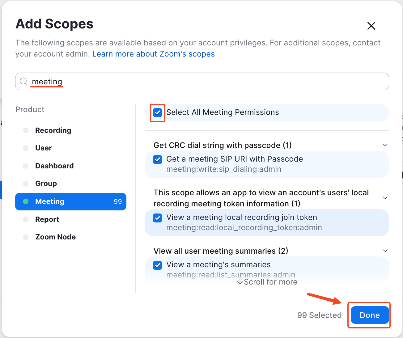 This image is a screenshot of Zoom Developer panel with Meeting option in highlight.