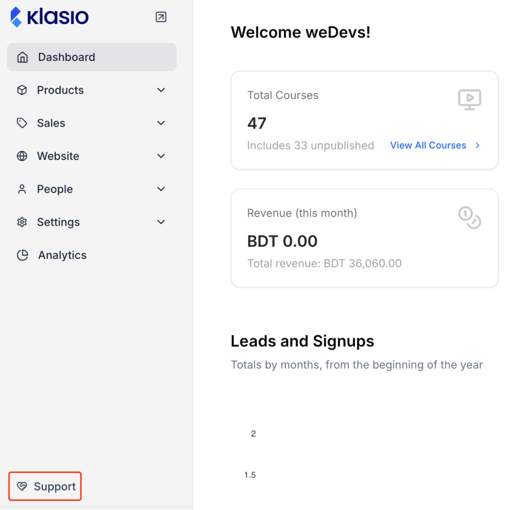 This image is a screenshot of Klasio Admin dashboard with Support menu from the navigation bar in the highlight.