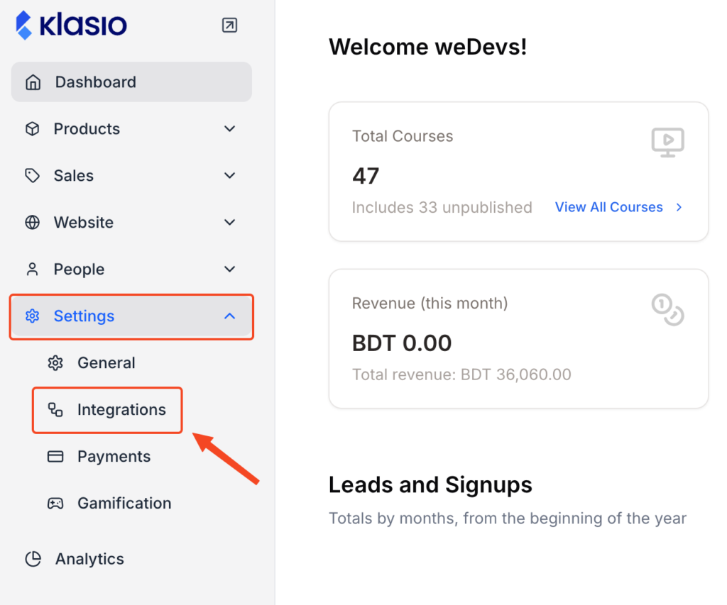 This image is a screenshot of Klasio dashboard navigation with the Integrations tab under Settings menu in highlight