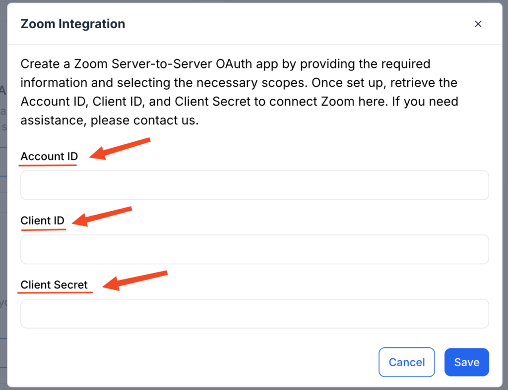This image is a screenshot of Klasio Zoom integration modal pop up with the option to insert Account ID, Client ID and Client Secret.