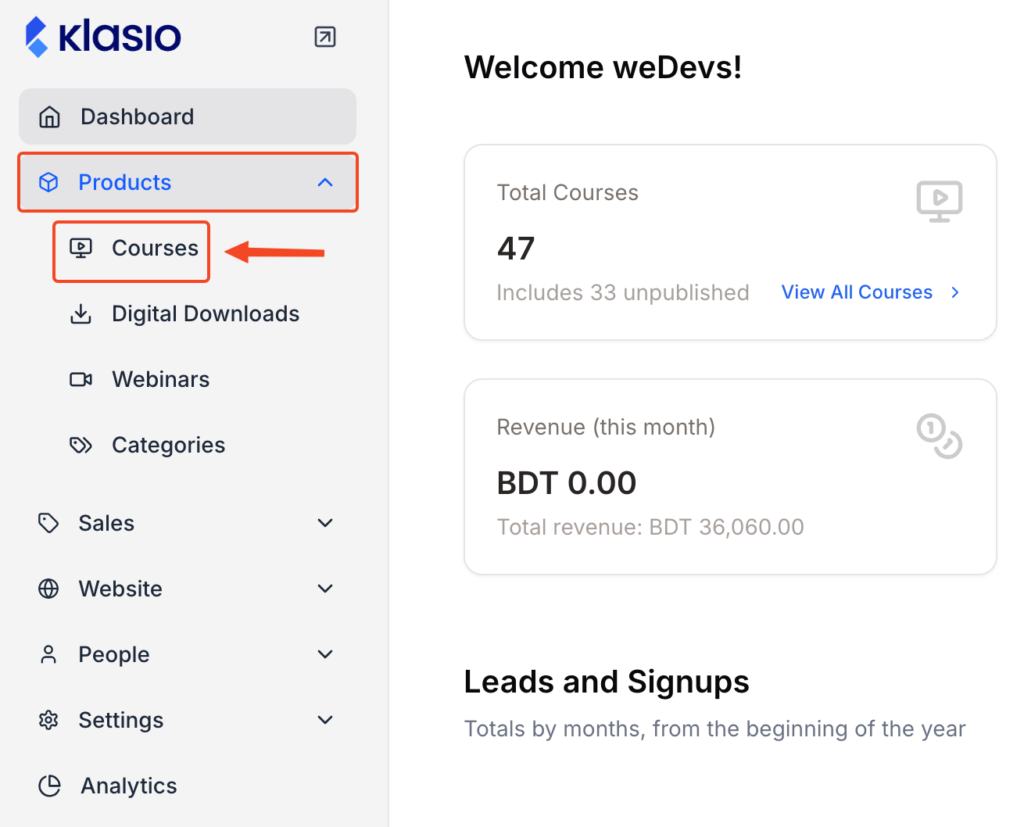 This image is a screenshot of Klasio Instructor Dashboard with Courses tab selected from the navigation bar.