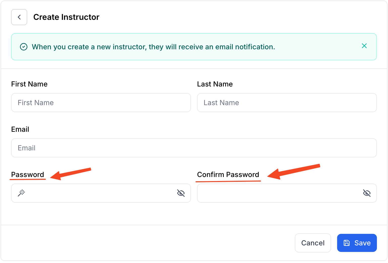This image is a screenshot of Klasio New instructor profilecreation pop up with the option to set up a password in highlight.