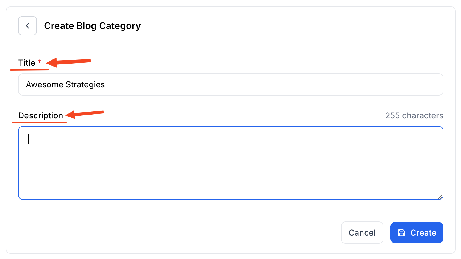 This image is a screenshot of Klasio blog category creation window with Category title and Description in highlight.