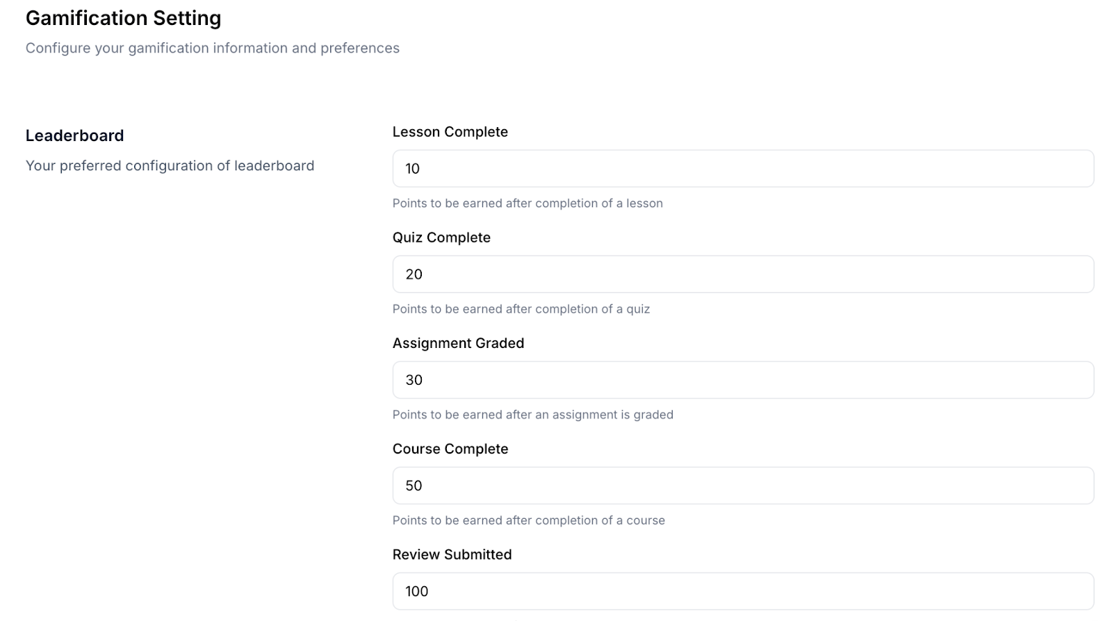 This image is a screenshot of Klasio gamification settings with the leaderboard points system in view.