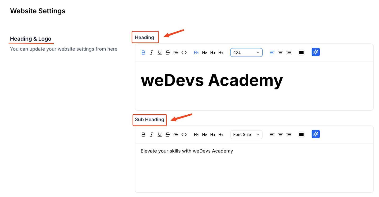 This image is a screenshot of Heading and Logo selection option under site settings.