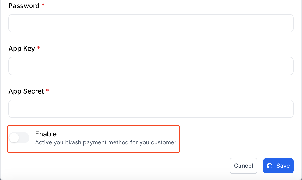This image is a screenshot of Klasio bKash setup pop up with the option to enable bKash payment in highlight.