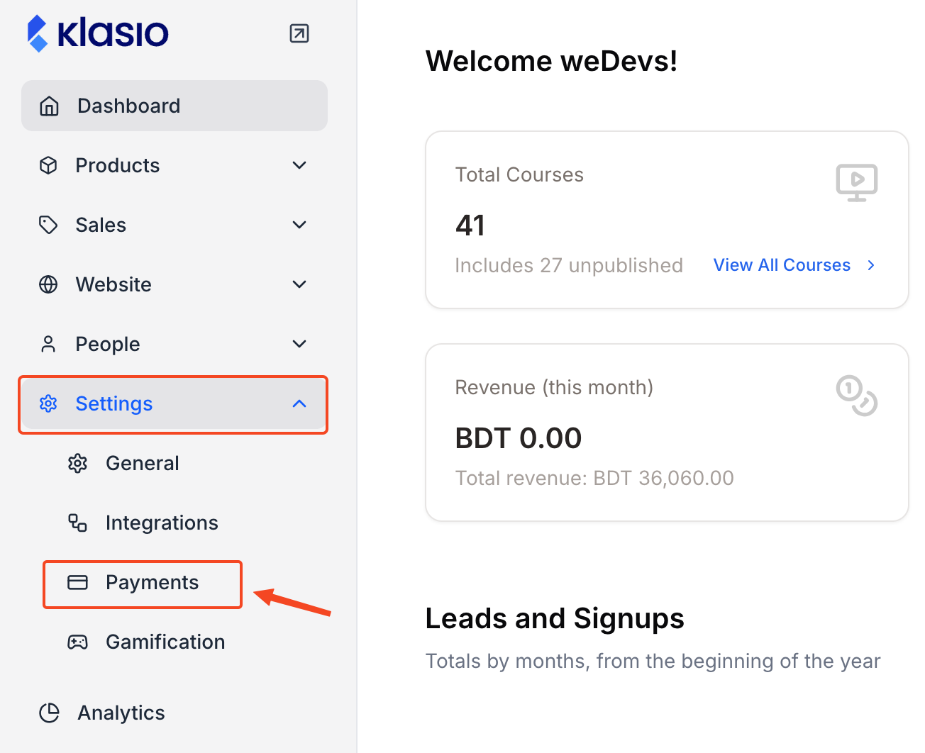 This image is a screenshot of Klasio Payments window highlighted under Settings menu.