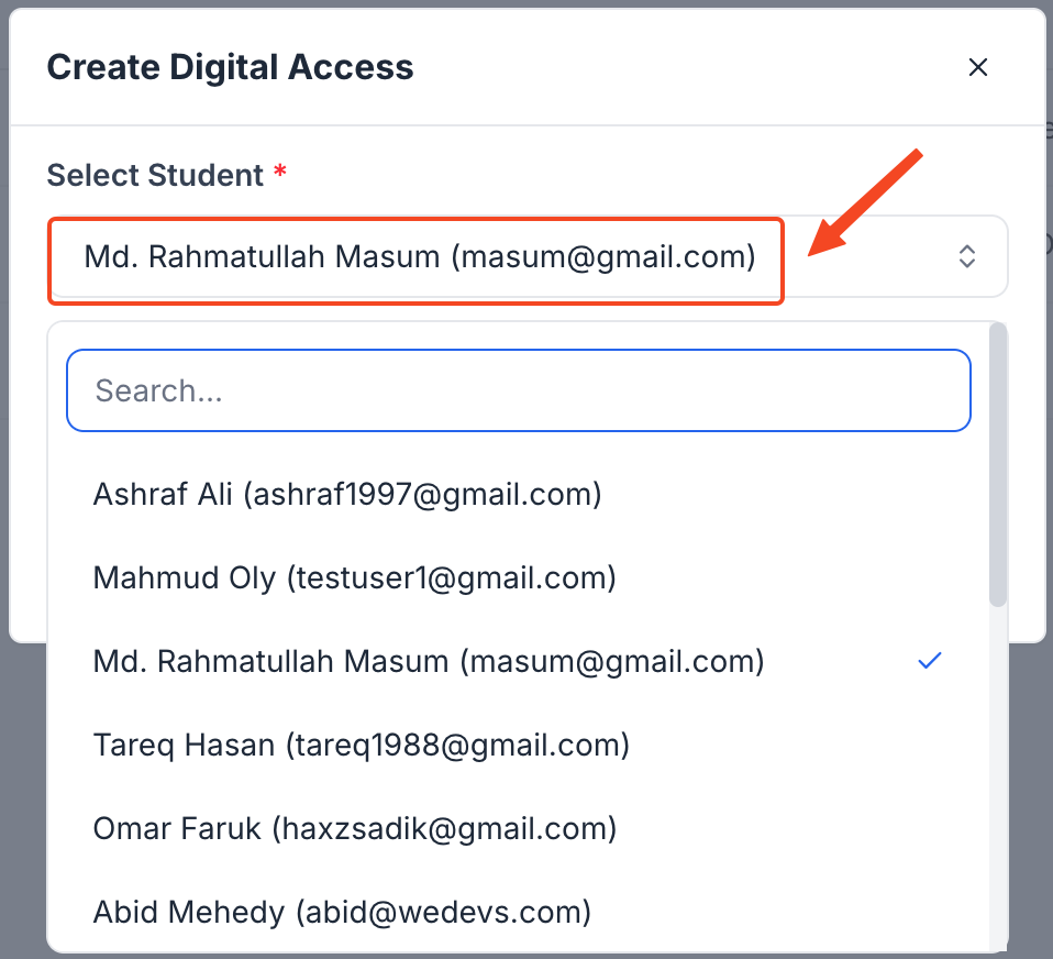 This image is a screenshot of Klasio Digital Access settings window with the option to select a specific student in highlight.