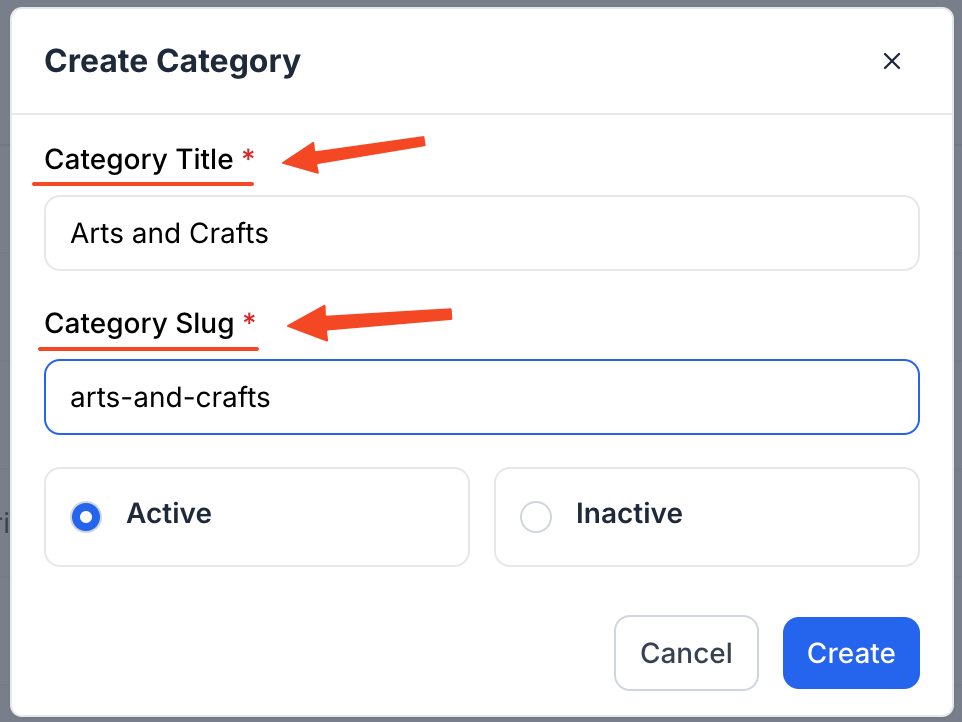 This image is a screenshot of Klasio new category creation window with the option to insert Category Title and Category Slug in highlight.