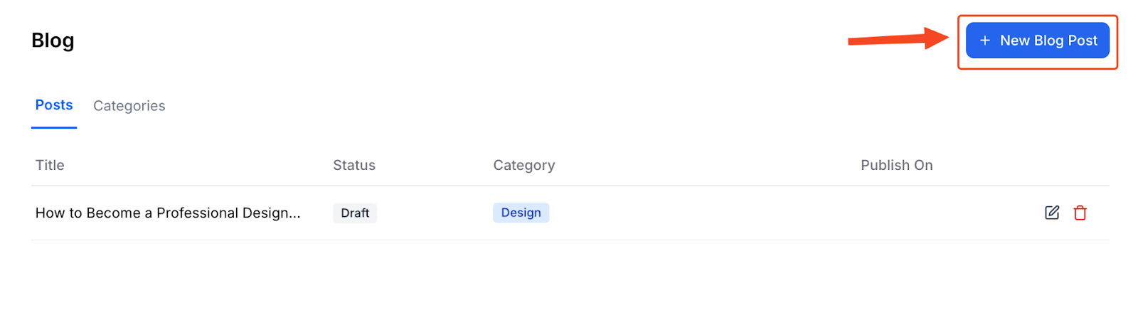 This image is a screenshot of Klasio Blog post creation window with the New Blog Post button in highlight.