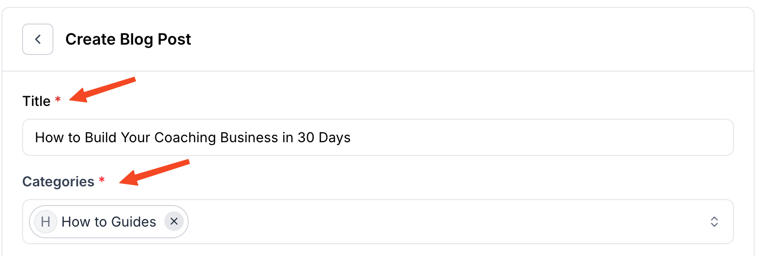 This image is a screenshot of Klasio New Blog Post creation window with the Blog Title, Slug and Categories in highlight.