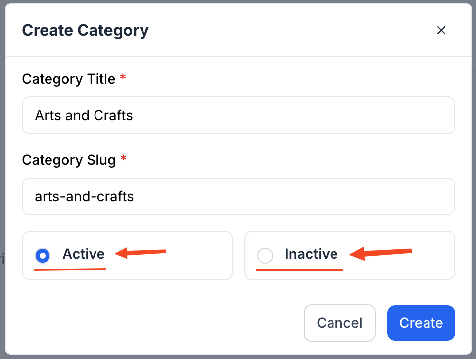 This image is a screenshot of Klasio new category creation window with the option to select Category status in highlight.