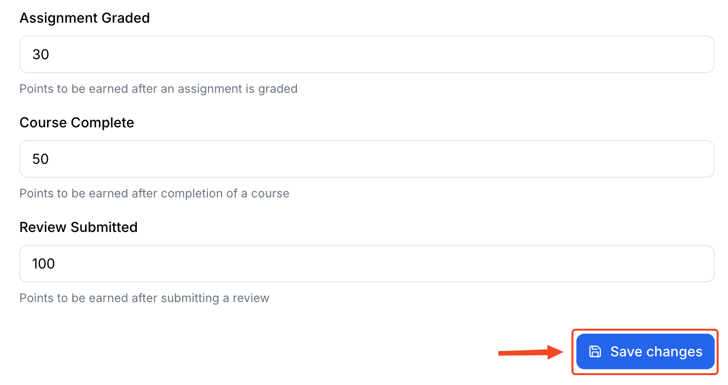 This image is a screenshot of Klasio gamification settings with the 'Save Changes' button in highlight.