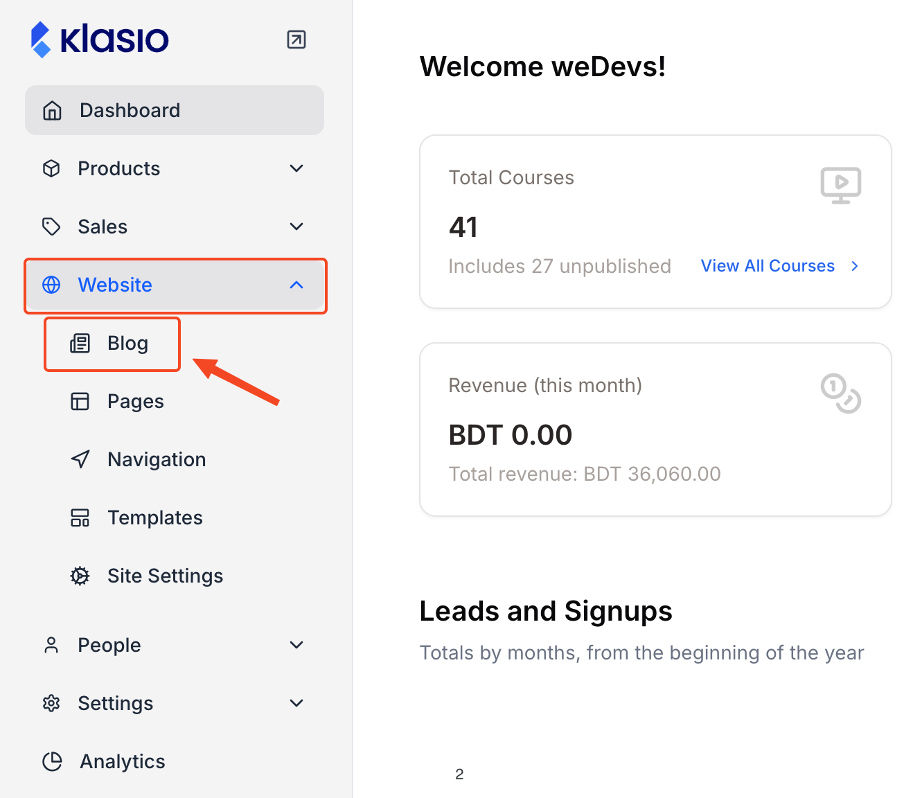 This image is a screenshot of Klasio Website menu with Post submenu in highlight.