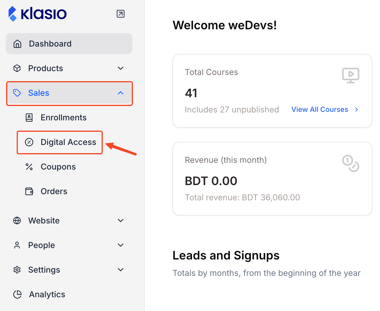 This image is a screenshot of Klasio admin dashboard with the Digital Access tab under Sales in highlight.
