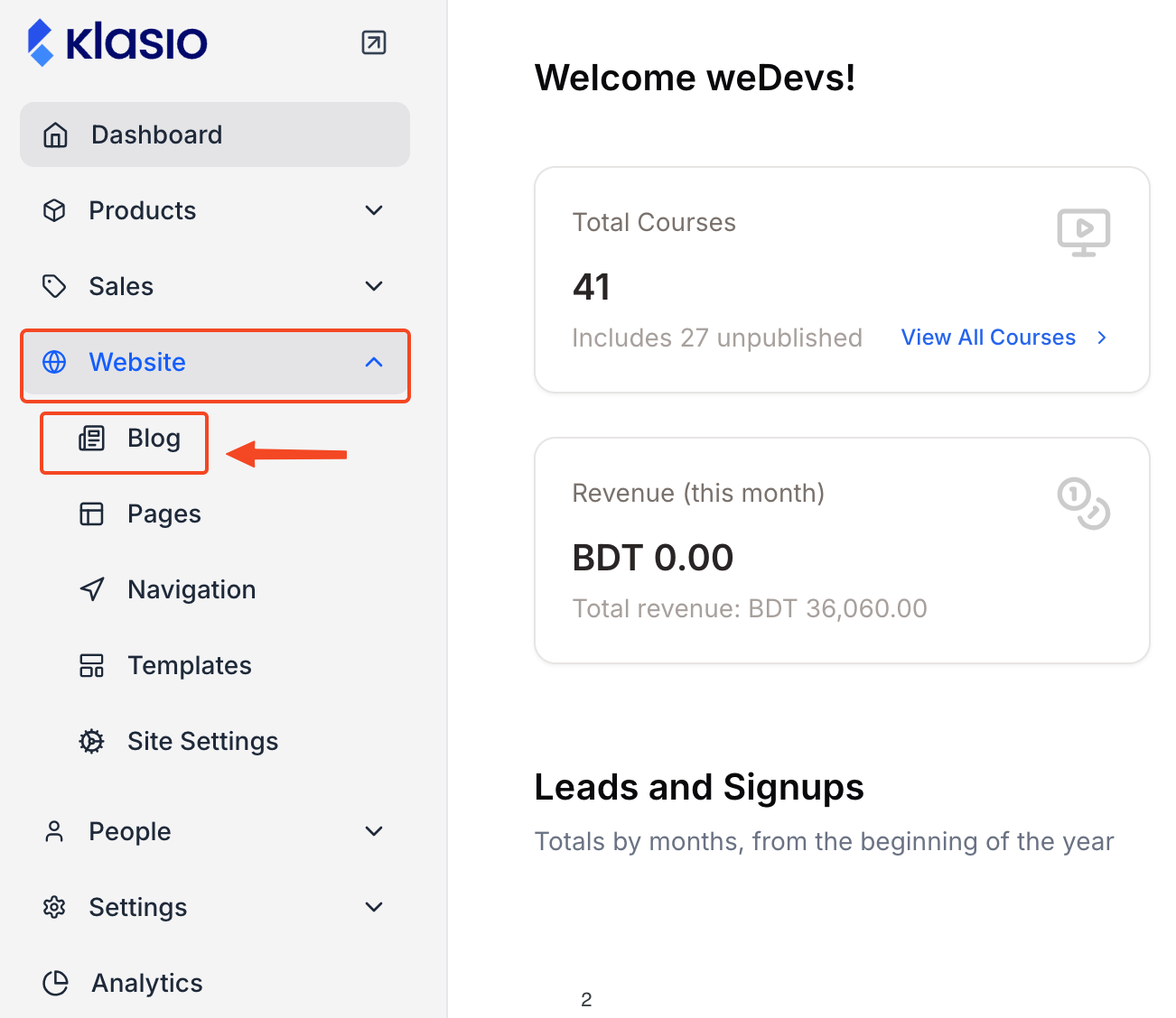 This image is a screenshot of Klasio menu with Blog tab highlighted under Website.