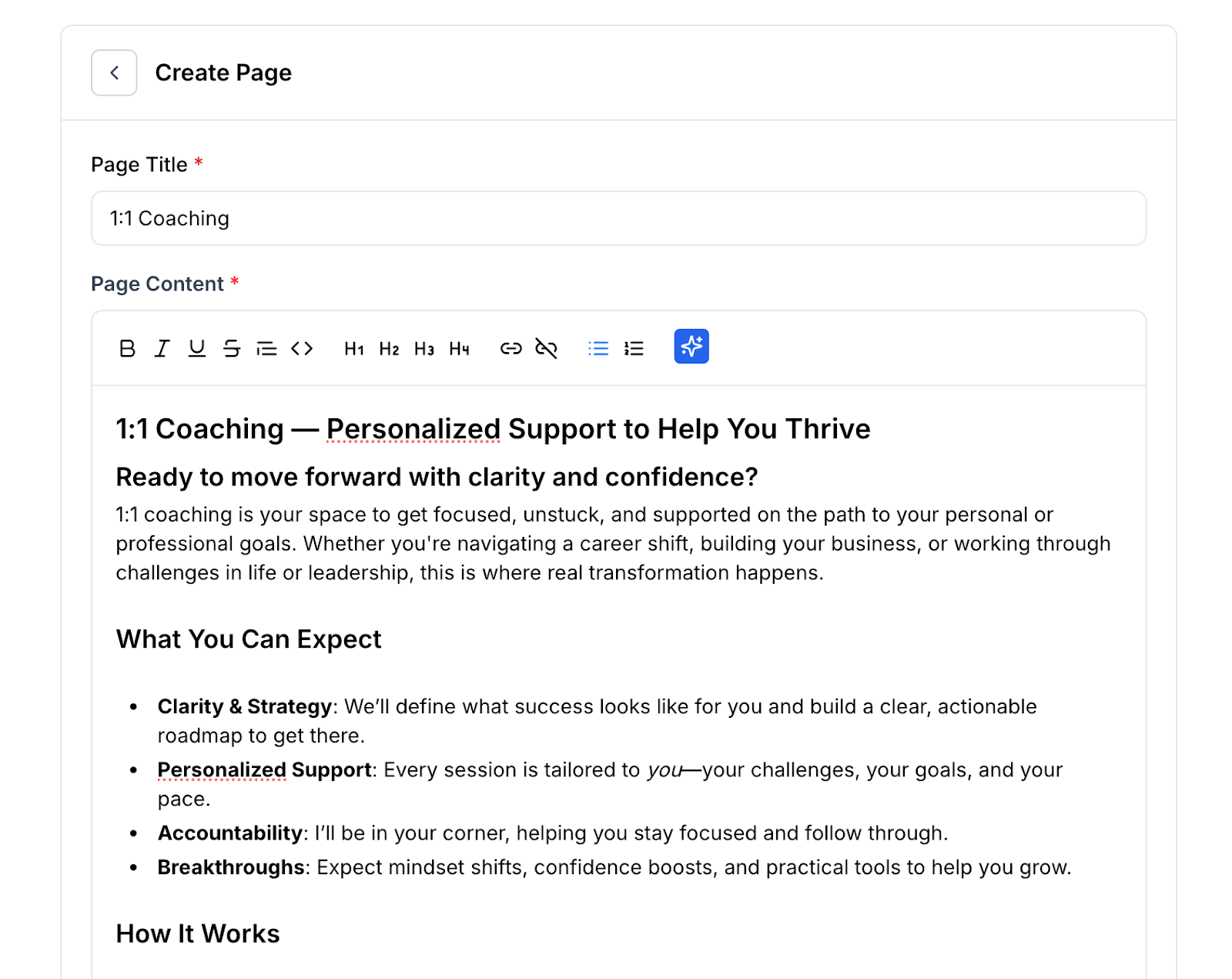 This image is a screenshot of Page Content insertion options in Pages tab under Klasio Website menu.