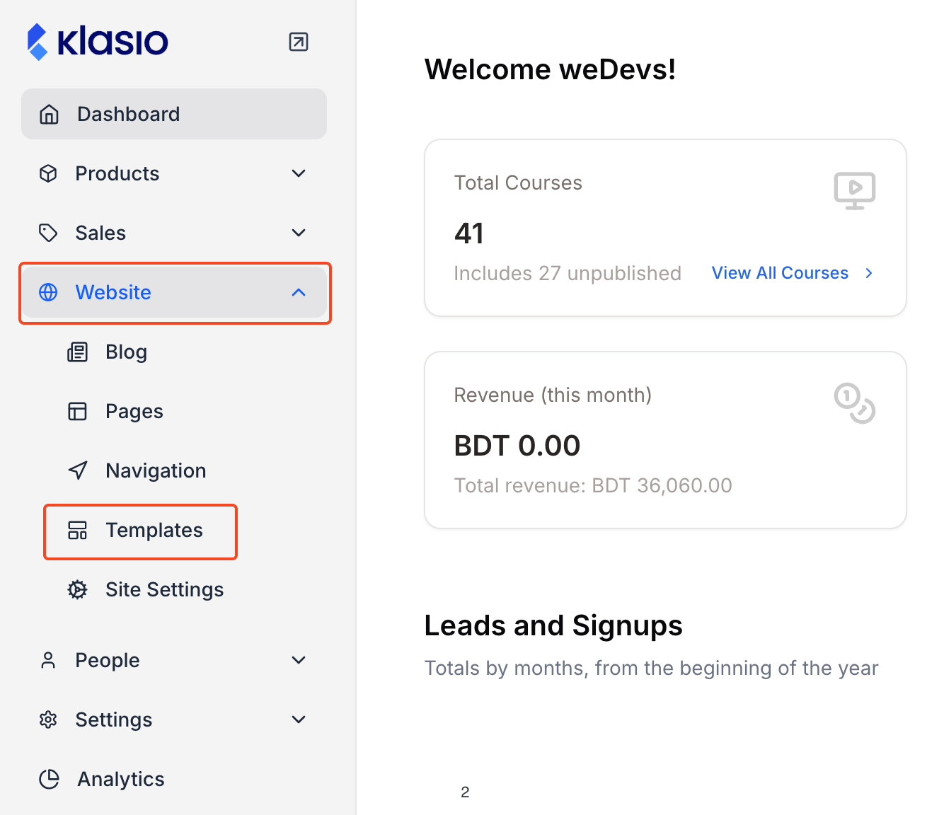 This image is a screenshot of Klasio navigation menu with Website menu and Templates tab in highlight.