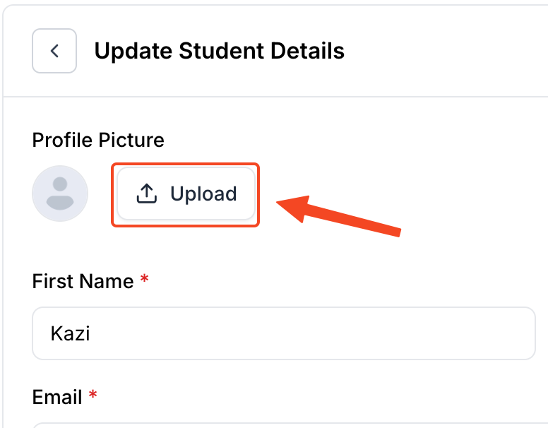 This image is a screenshot of Klasio Students information form with the upload button in highlight.