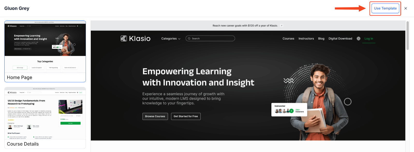This image is a screenshot of Klasio Templates tab under Website menu with Use Template button in highlight.