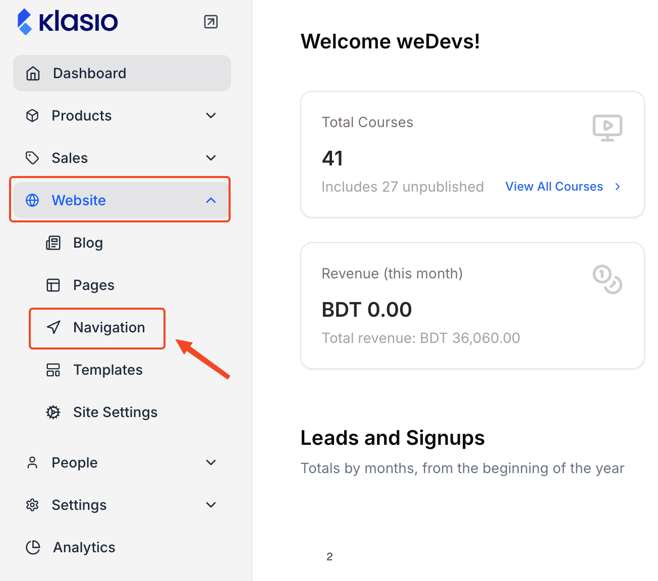 This image is a screenshot of Klasio website menu with Navigation tab in highlight.