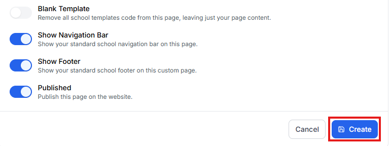 This image is a screenshot of Page Settings Configuration options in Pages tab under Klasio Website menu with the Create button in highlight.