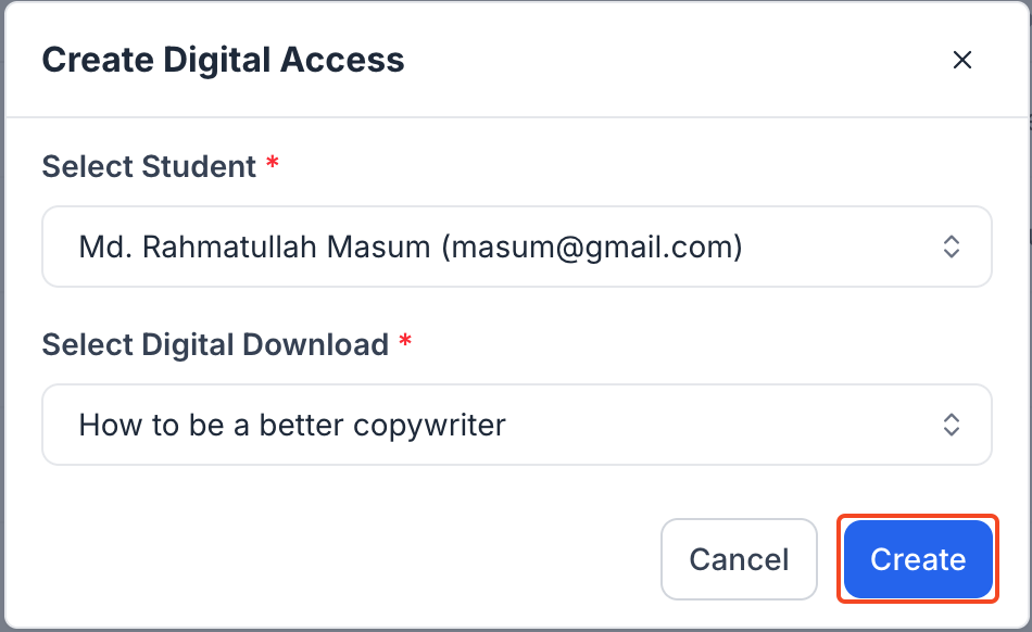 This image is a screenshot of Klasio Digital Access settings window with 'Create' button in highlight.