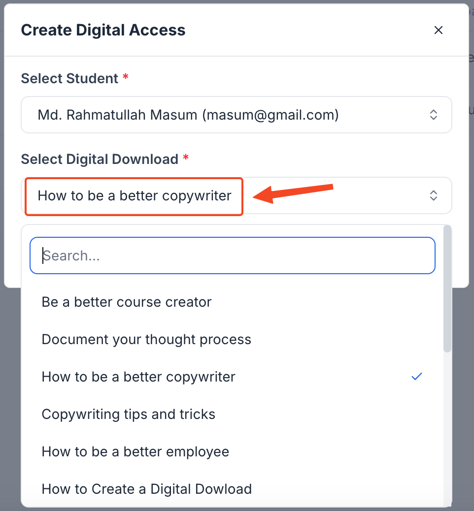 This image is a screenshot of Klasio Digital Access settings window with the option to select a specific course in highlight.