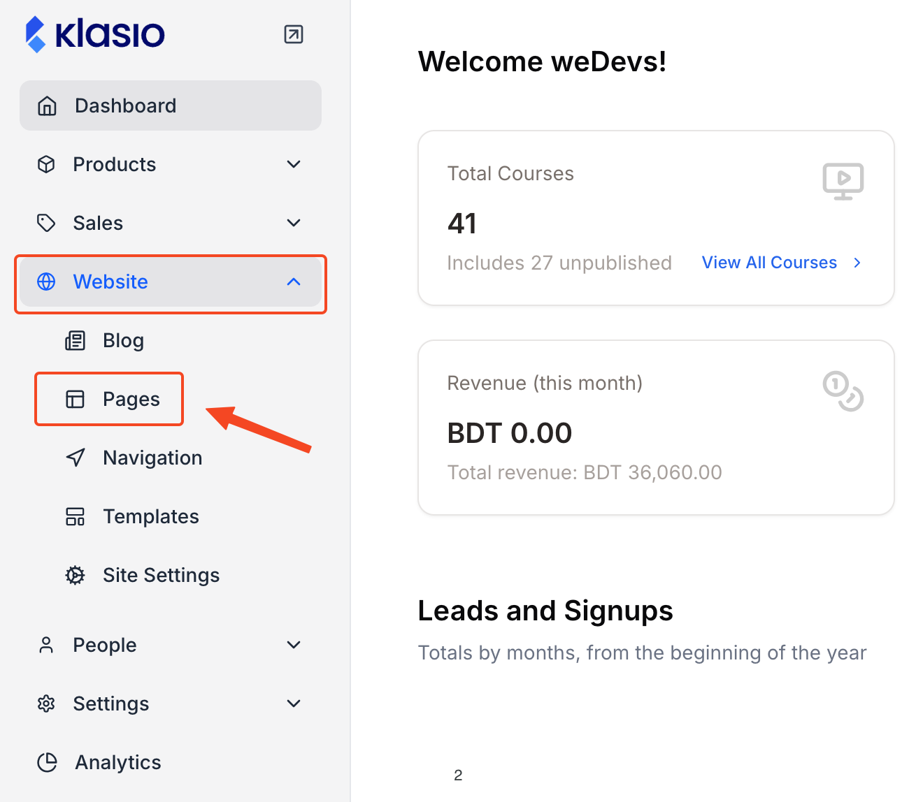 This image is a screenshot of Pages tab under Klasio Website menu with Add New Page button in highlight.