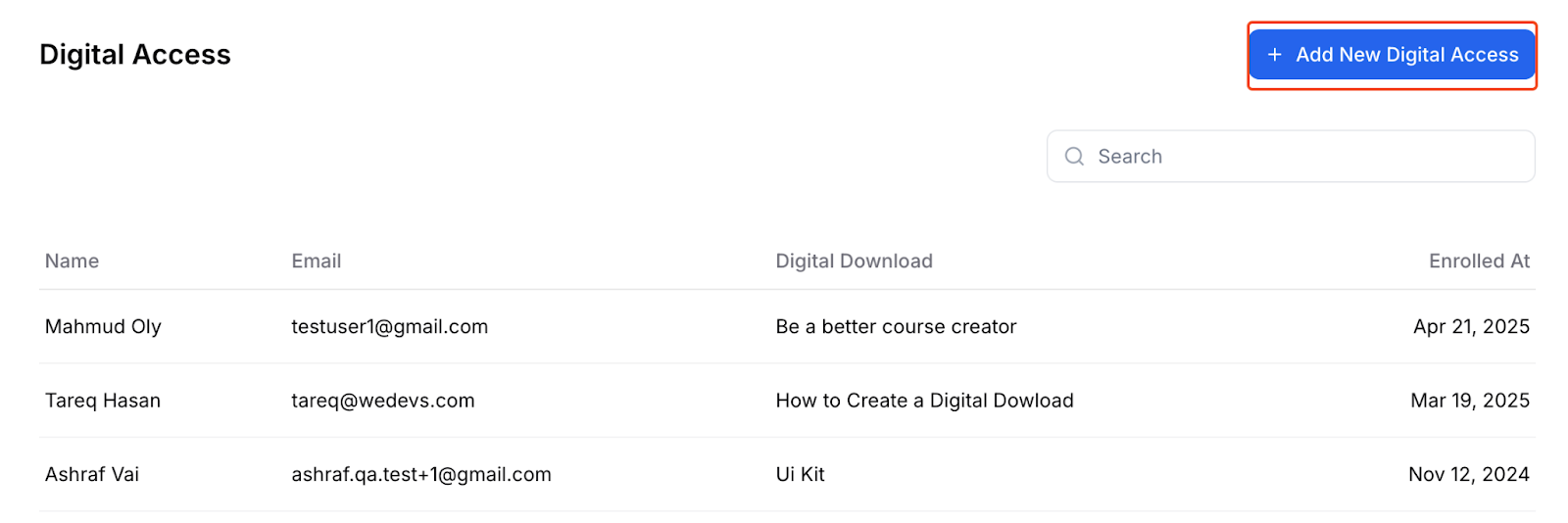 This image is a screenshot of Klasio Digital Access Settings window with the Add New Digital Access button in highlight.
