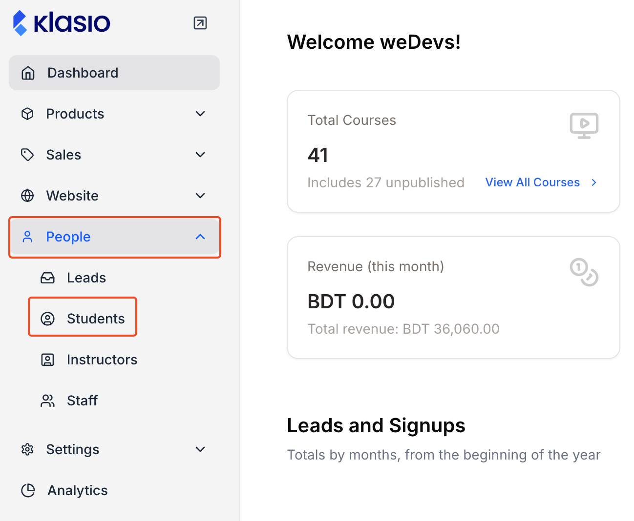 This image is a screenshot of Klasio navigation menu with Students tab under People in highlight.