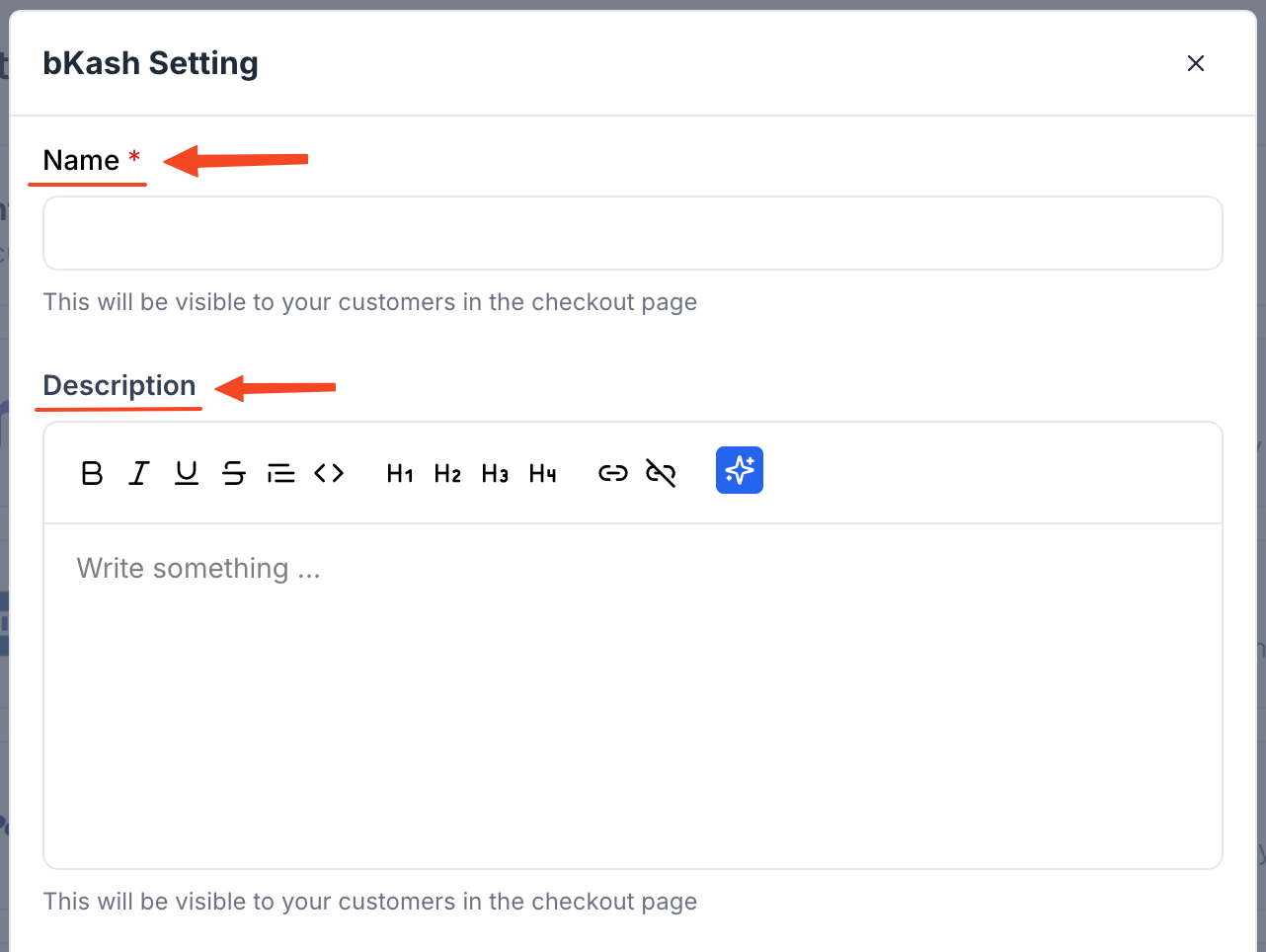 This image is a screenshot of Klasio bKash setup pop up with the option to insert Merchant Name and Description in highlight.