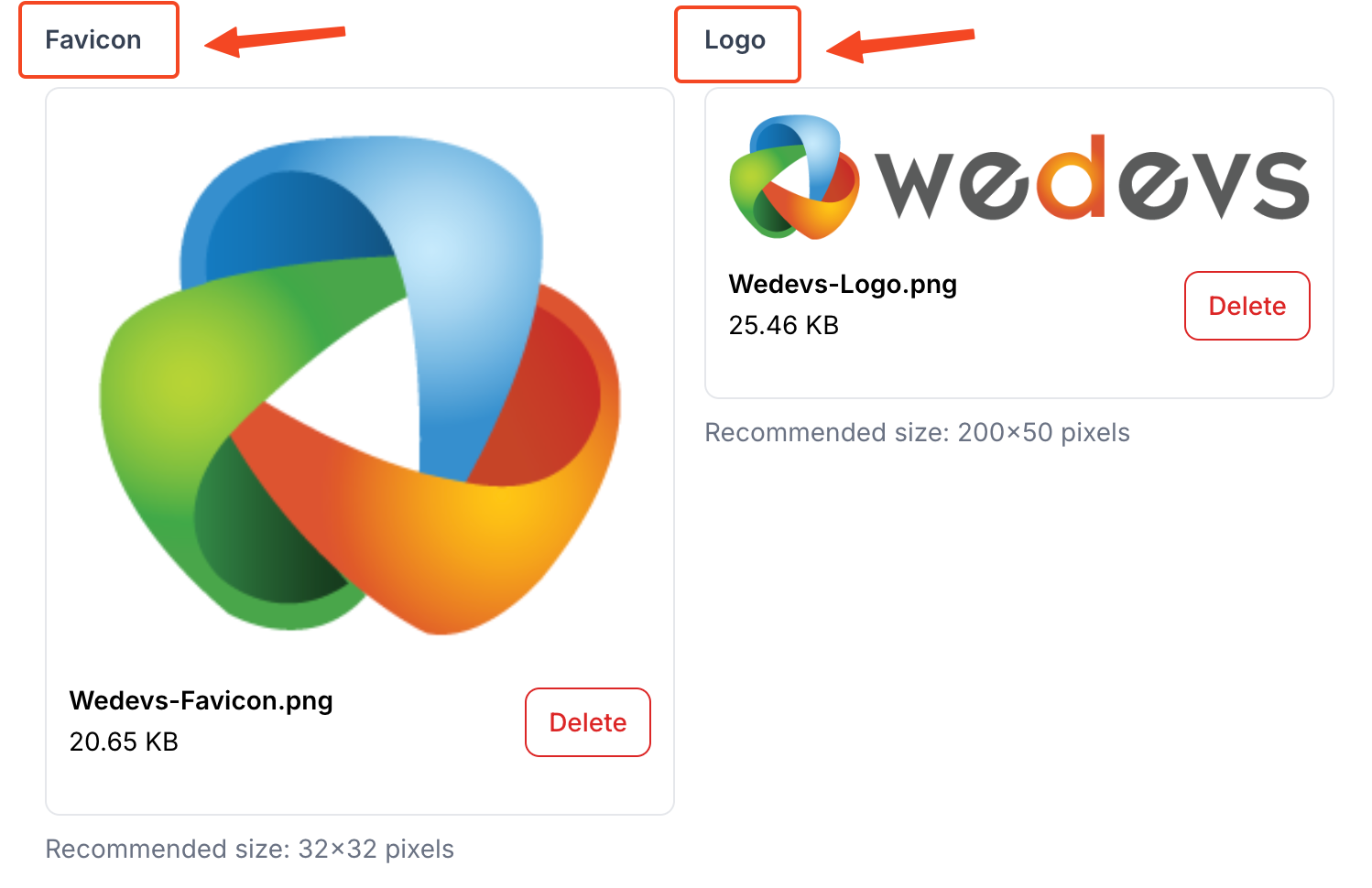 This image is a screenshot of Favicon and Logo selection option under site settings.