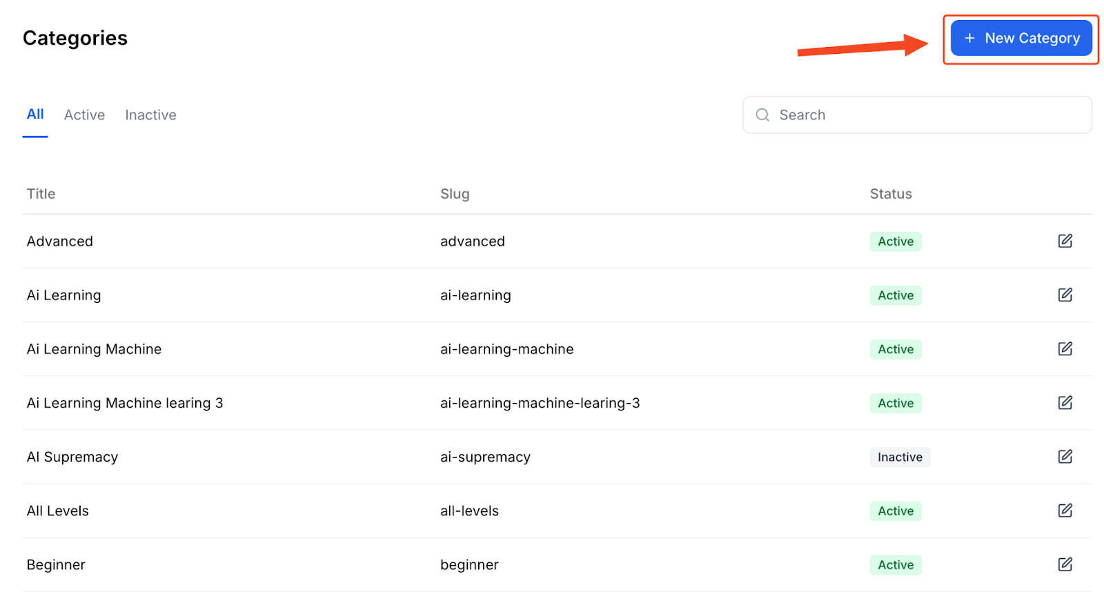 This image is a screenshot of Klasio new category creation window with the New Category button in highlight.